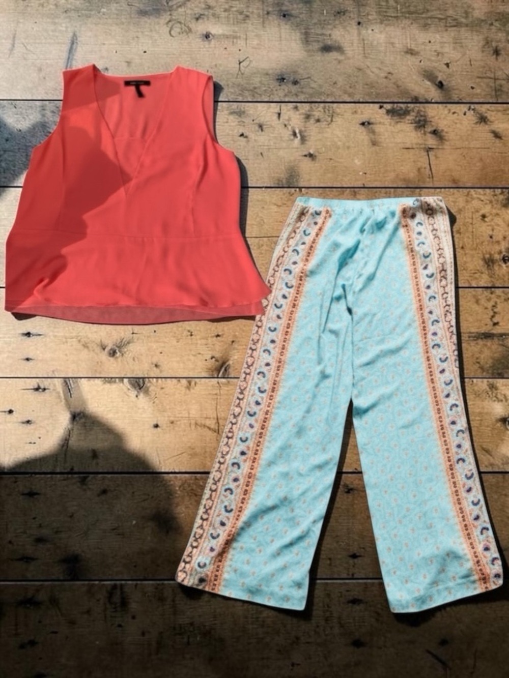 BCBGMaxAzria Coral Peplum Top W/ Light Blue Printed Wide-Leg Pants-Matching Set